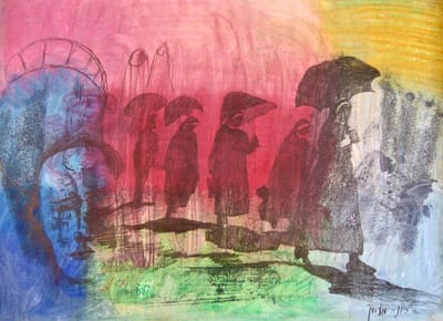 OIL PASTEL PAINTING-NUNS IN THE RAIN