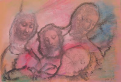 OIL PASTEL PAINTING-NUNS IN THE RAIN