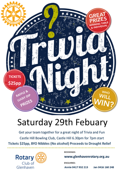 Glenhaven Rotary Trivia Night 29th February - Drought Relief