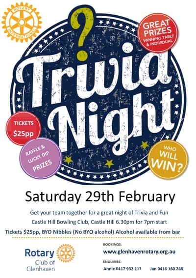 Glenhaven Rotary Trivia Night 29th February - Drought Relief