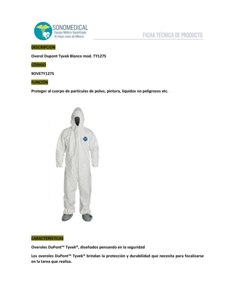 Blanco Ficha Tecnica Overol Tyvek Buzo Tyvek Traje Tyvek Dupont