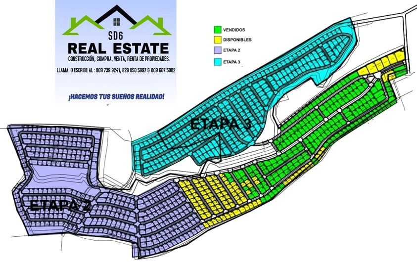 La imagen puede contener: texto que dice "SD6 REAL ESTATE CONSTRUCCIÓN, COMPRA, VENTA, RENTA PROPIEDADES. LLAMA DESCRIBEA 9241, 850 5997 809 VENDIDOS DISPONIBLES ETAPA2 5082 eTapa3 ¡HACEMOS TUS SUENOS REALIDAD! או"